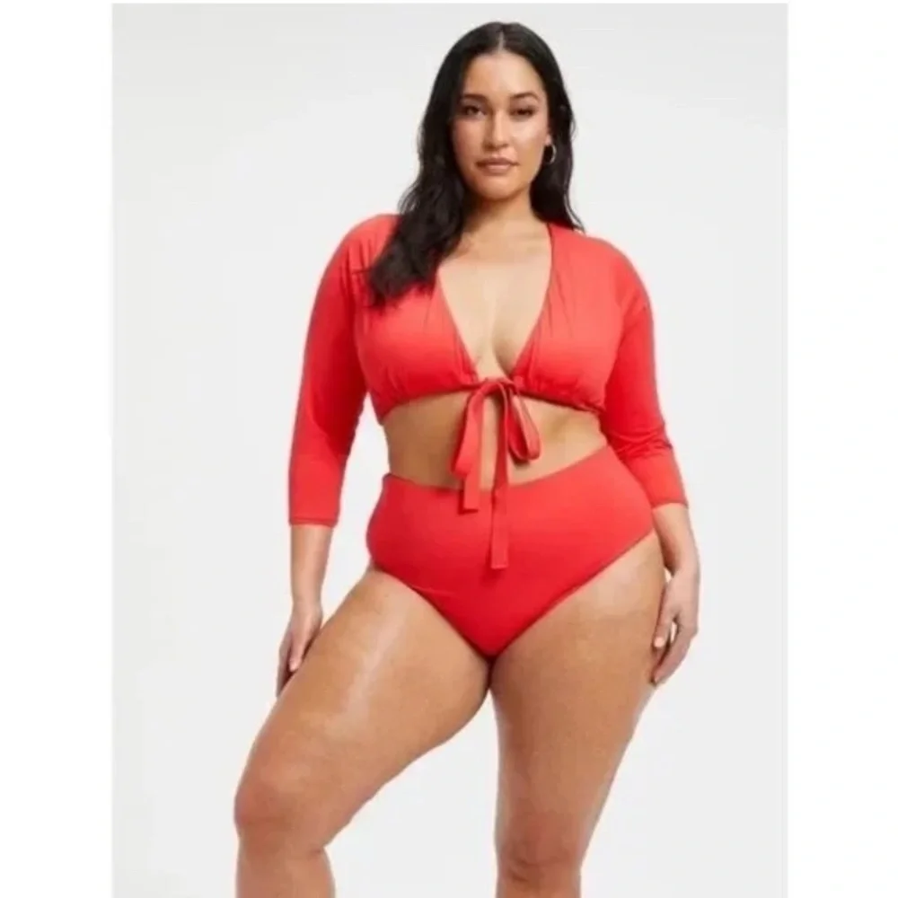 Good American Sexy Boost Swim Top 3/4 Sleeve Tie Front Bright Poppy Red 2 US M - Picture 1 of 6